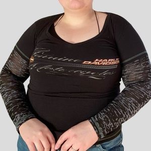Harley Davidson women’s genuine motorcycles embellished sheer sleeve v neck
